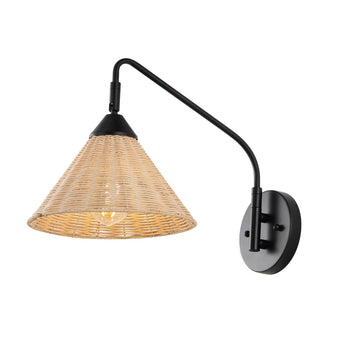 Kiawah 11" 1-Light Vintage Coastal Rattan/Metal Swing Arm LED Sconce - JONATHAN Y